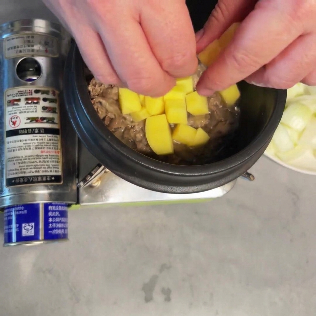 Patate aggiunte alla pentola con il manzo rosolato.