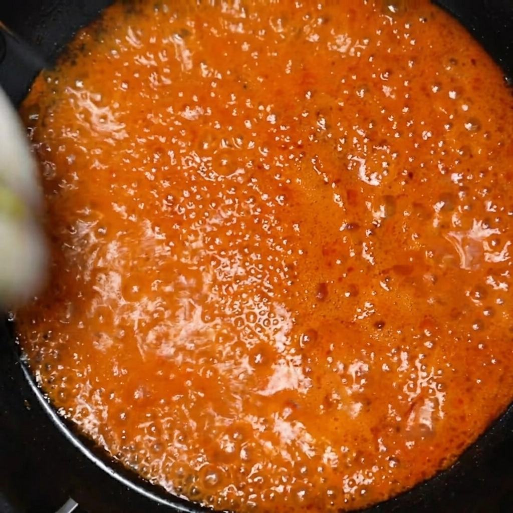 Fette di zucchina tuffate in una pentola di stufato rosso e bollente.