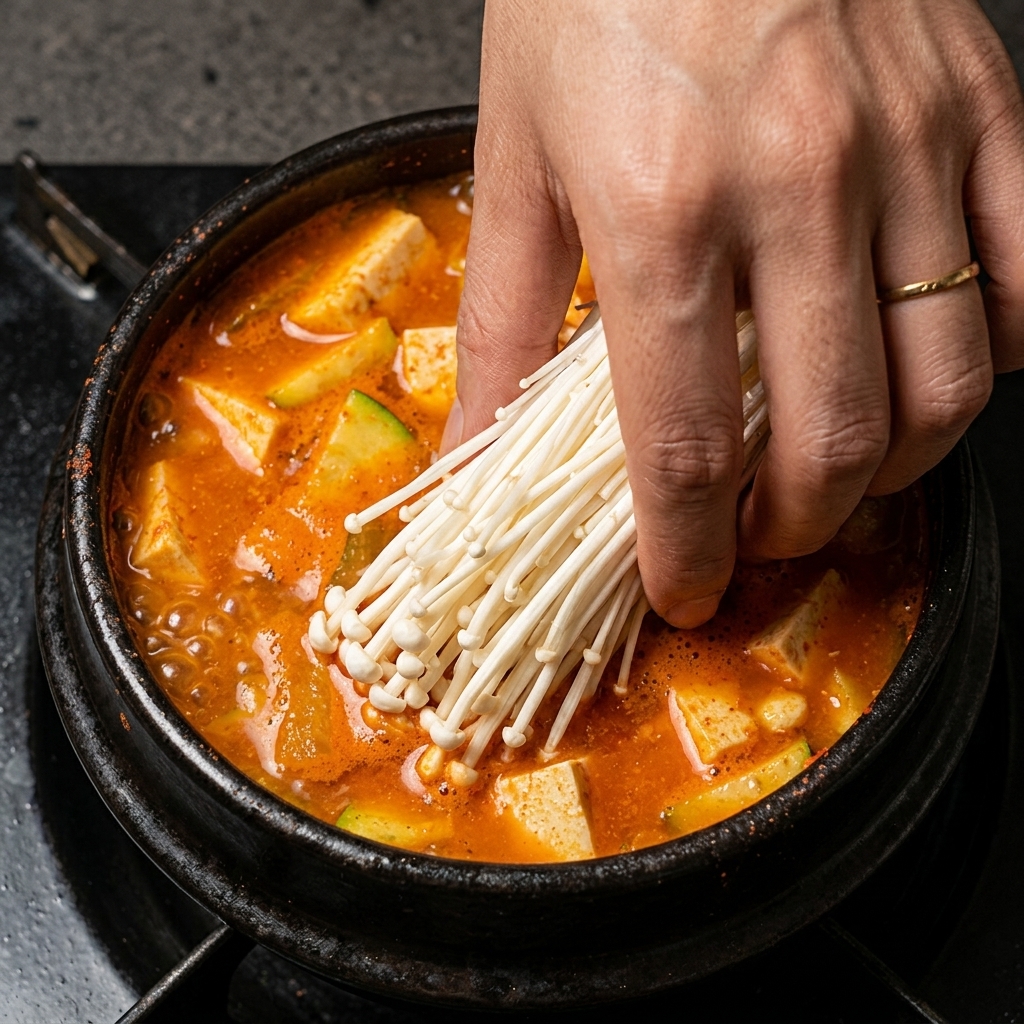 Funghi enoki freschi disposti sulla superficie dello stufato di pasta di fagioli in ebollizione.