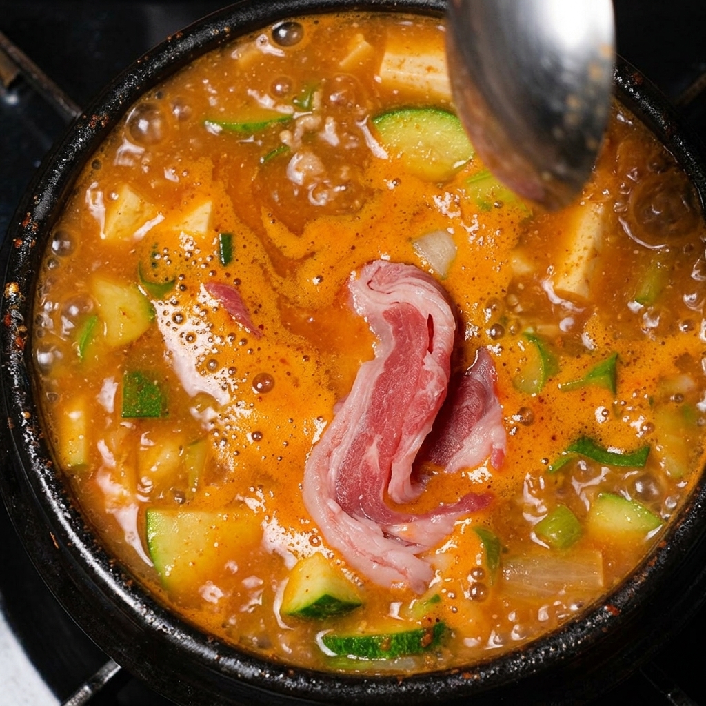 Sottili fette di punta di petto di manzo cruda aggiunte alla pentola dello stufato bollente.