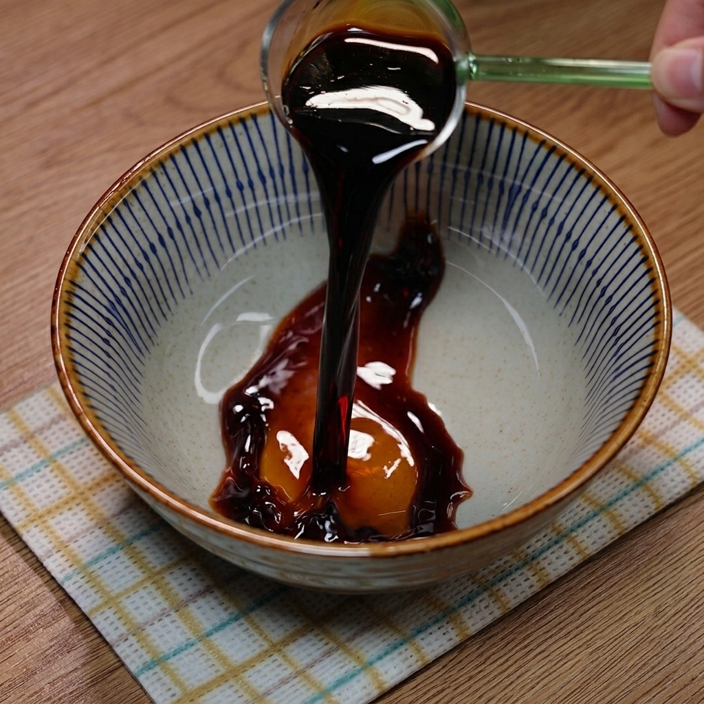 Una piccola ciotola contenente salsa di soia, salsa di ostriche, peperoncino in polvere, semi di sesamo e zucchero in fase di miscelazione.