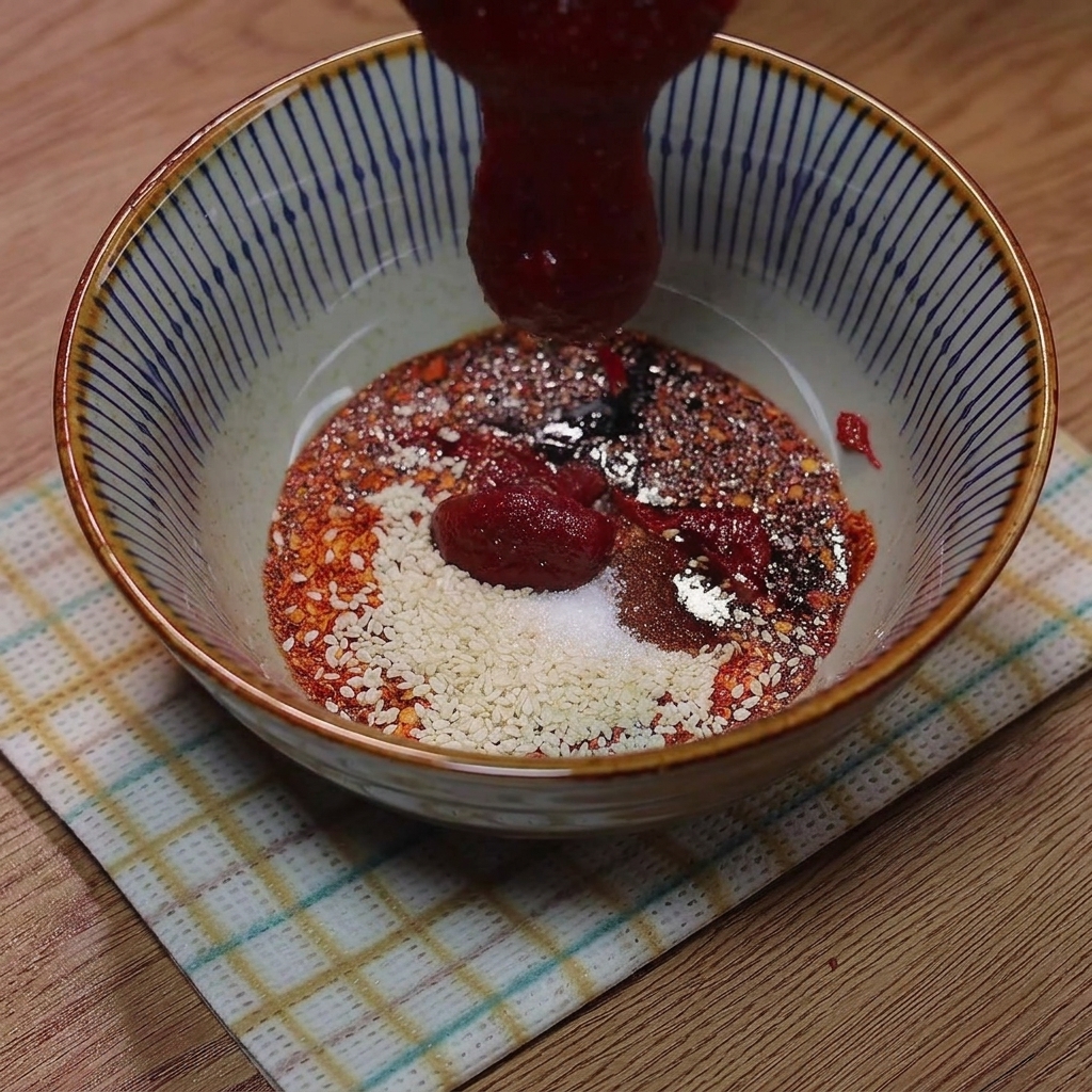 Pasta di peperoncino coreana e acqua mescolate nella miscela di salse precedentemente preparata in una ciotola.