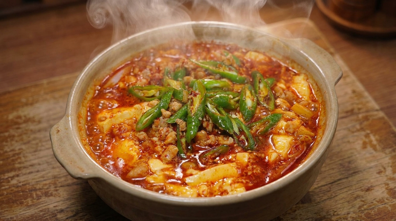 Una rustica pentola di terracotta piena di stufato piccante di tofu vellutato, guarnita con peperoncini verdi freschi e maiale macinato.