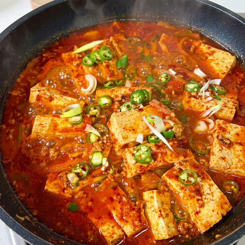 Un misurino contenente un mix di condimenti tra cui gochujang, polvere di peperoncino e varie salse pronto per essere mescolato.
