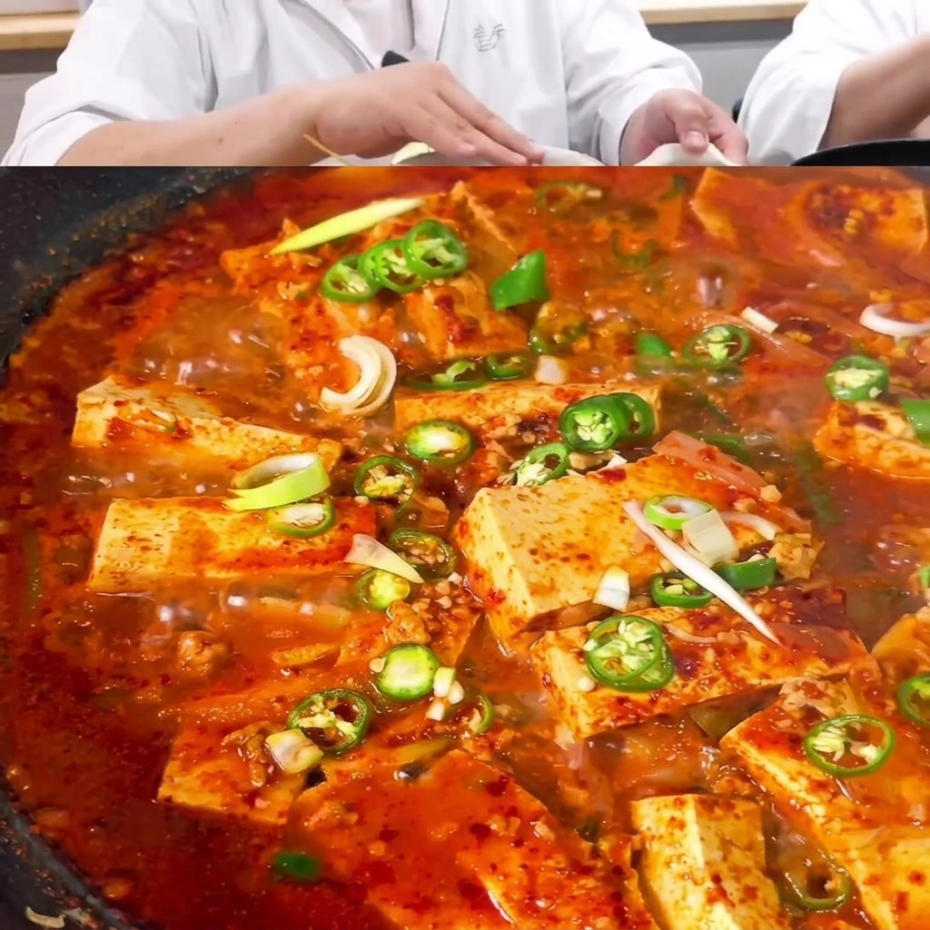 Primo piano di un cucchiaio che mescola gli ingredienti densi della salsa rossa allinterno di un misurino.