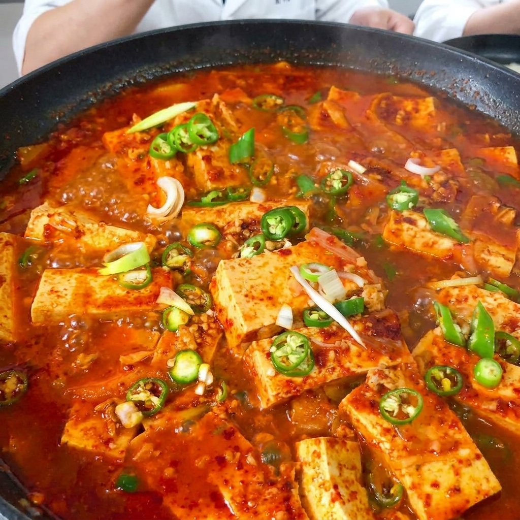 Cipolla affettata e cubetti di tofu sodo aggiunti alla padella con il maiale rosolato.
