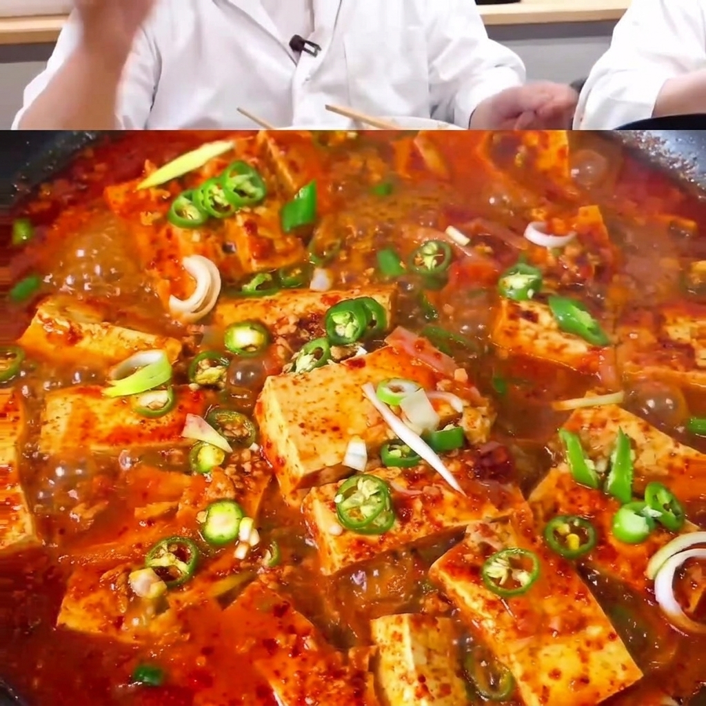 La salsa e lacqua vengono versate sopra il composto di tofu, maiale e cipolla nella padella.