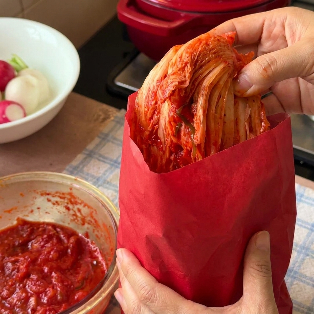 Kimchi di cavolo napa rimosso dalla confezione e trasferito in una ciotola di vetro usando pinze da cucina.