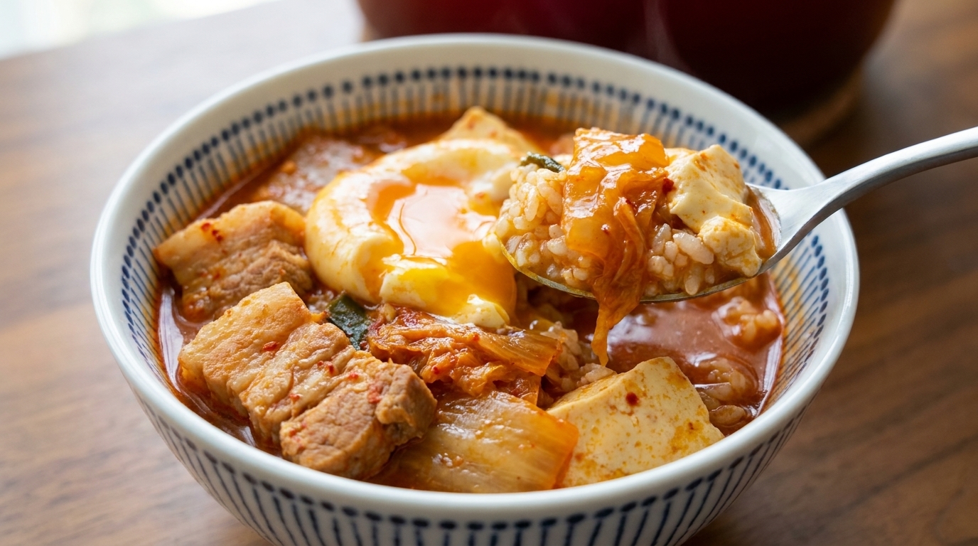 Kimchi Jjigae: Stufato piccante coreano di tofu e pancetta