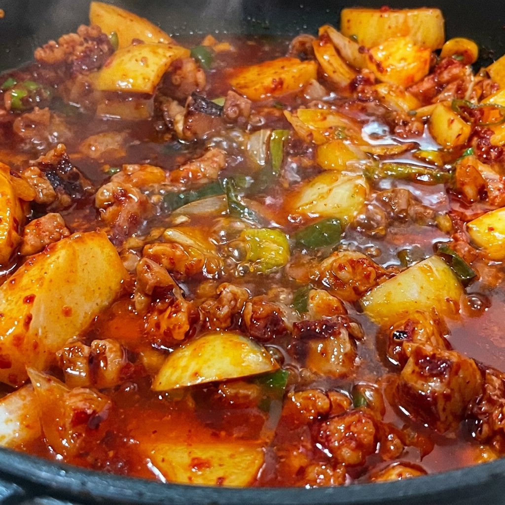 Brodo di acciughe versato nel mix di carne e verdure.