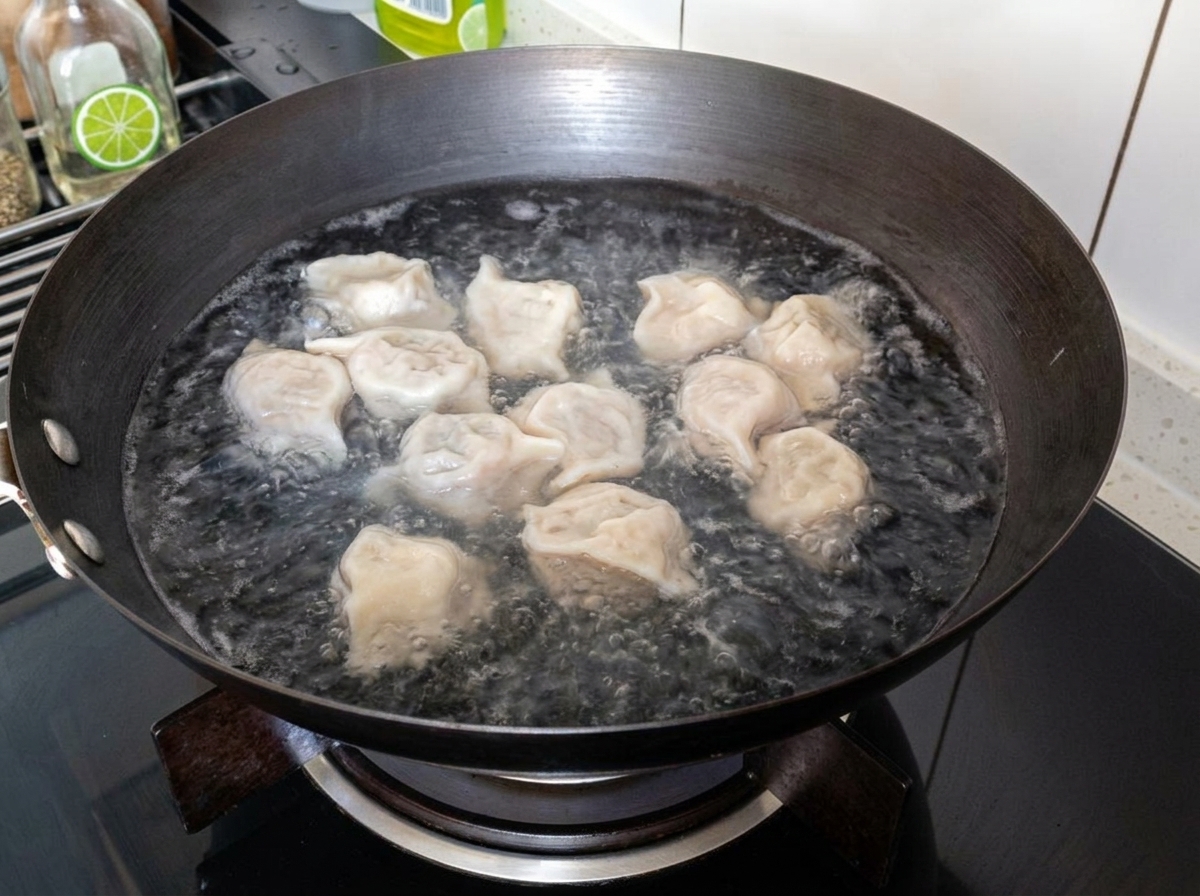 Striscioline di tofu aggiunte alla pentola con i ravioli in cottura.