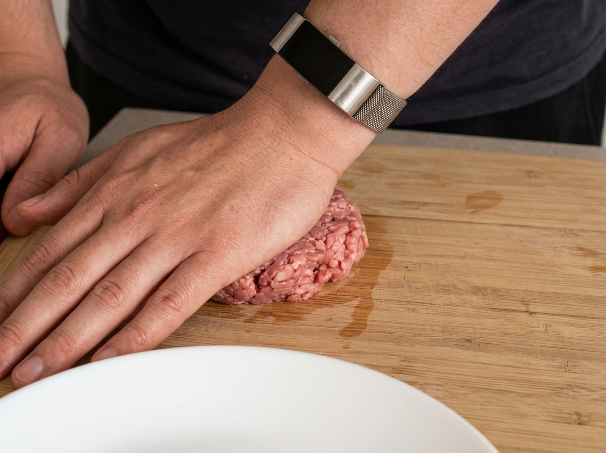 Una mano che preme una polpetta cruda su un tagliere di legno per formare un hamburger.