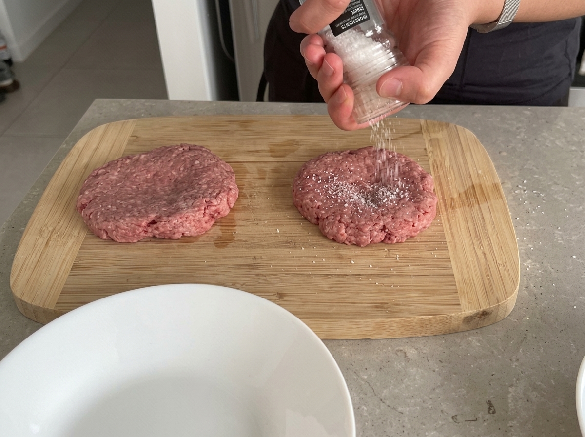 Una mano che macina pepe nero fresco sopra hamburger crudi su un tagliere di legno.