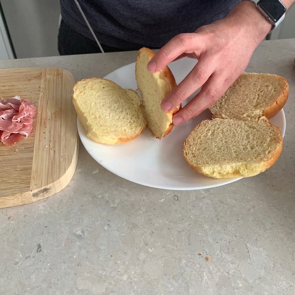 Panini brioche tagliati a metà disposti nel cestello di una friggitrice ad aria.