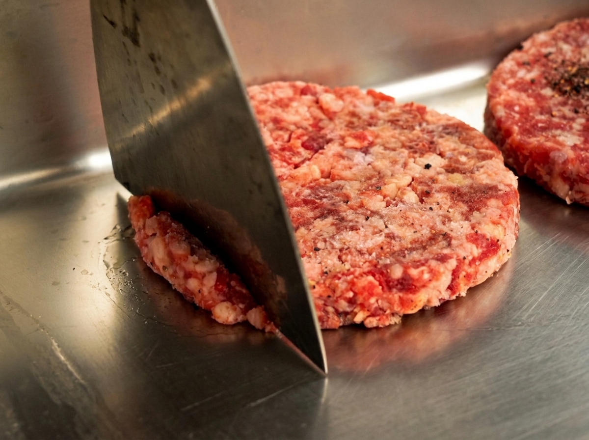 Una polpetta di manzo cruda mescolata allinterno di un contenitore metallico con una spatola piatta.