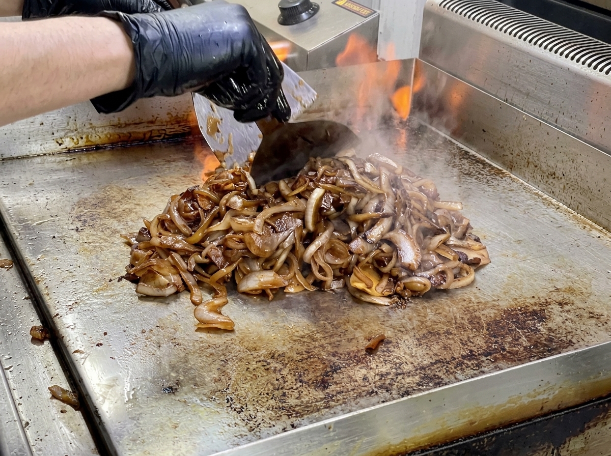 Un mucchio di cipolle cotte color marrone caramello scuro mescolate con un raschietto metallico su una piastra calda con fiamme sullo sfondo.
