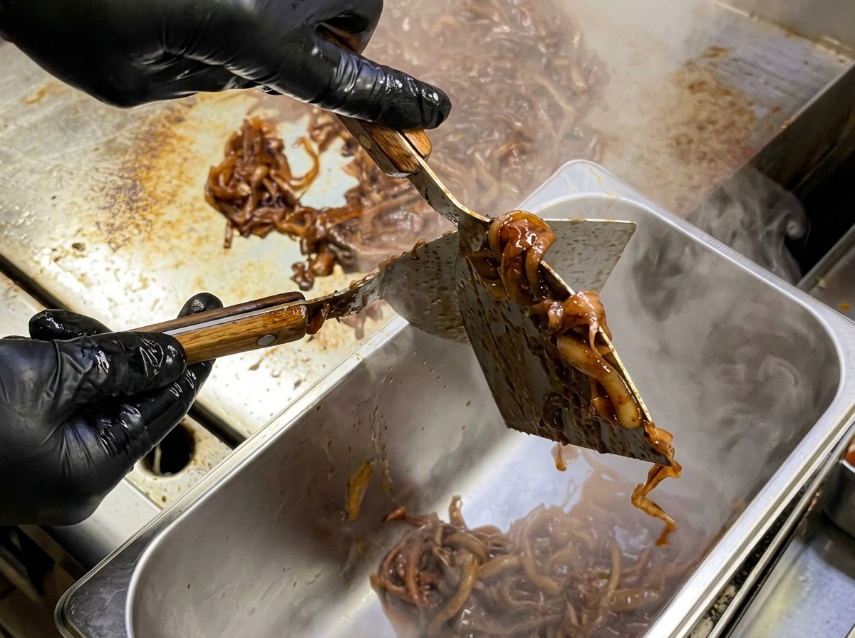 Spatole che sollevano una porzione di cipolle caramellate marrone scuro e lucide da una piastra in una vaschetta alimentare in acciaio inox.