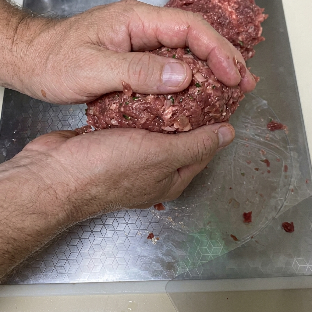 Mani che modellano limpasto di carne in polpette tonde.