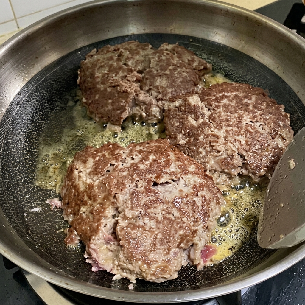 Tre hamburger in padella con formaggio fuso sopra.