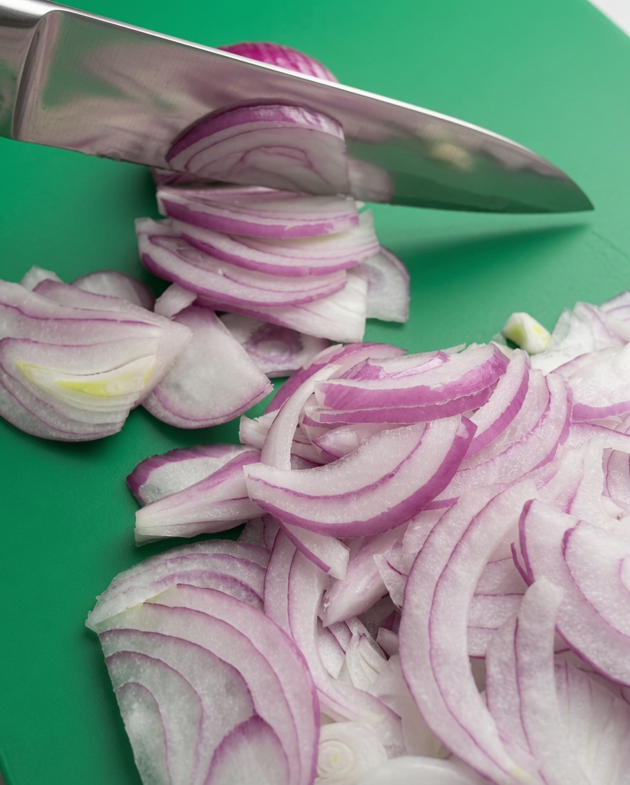 Cipolle tagliate con cura in strisce sottili e uniformi su un tagliere verde, pronte per la padella.