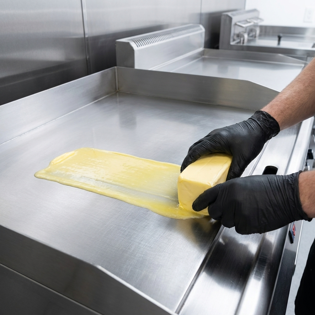 Fette di cipolla stese su una piastra calda e unta per iniziare il processo di caramellizzazione.