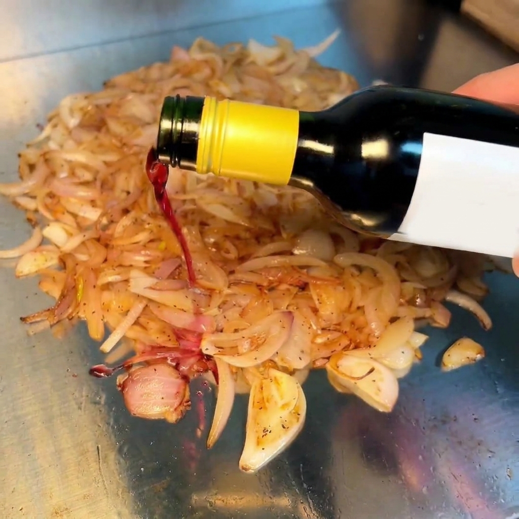 Vino rosso versato sulle cipolle caramellate su una piastra rovente, creando una ricca riduzione saporita.