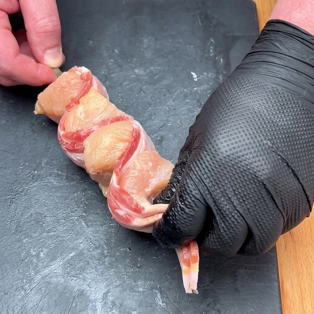 Mano che avvolge una striscia di bacon attorno a un cubetto di pollo e lo infila su uno spiedino metallico.