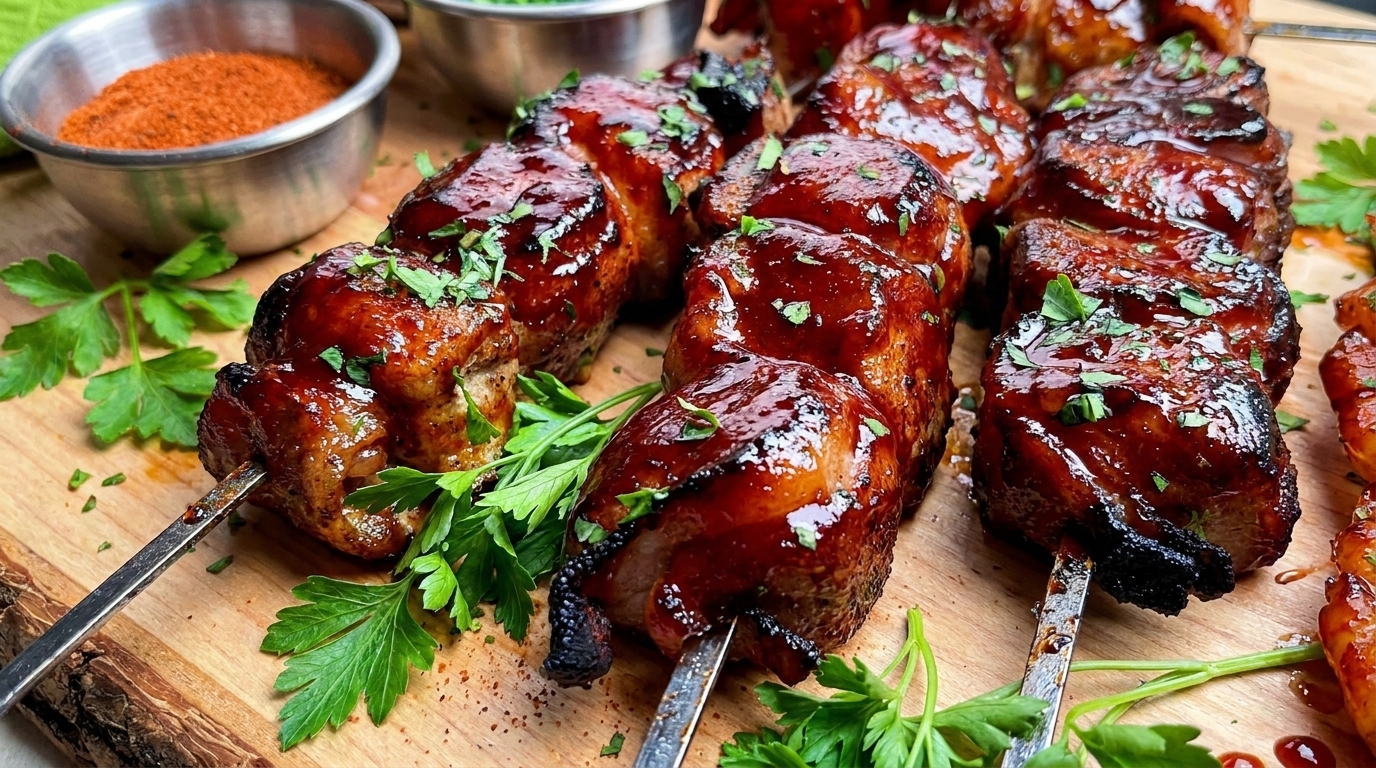 Spiedini di pollo al bacon glassati con ciliegia e bourbon
