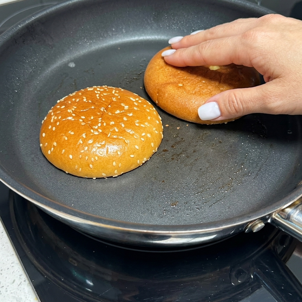 Metà di un panino che si dora in una padella asciutta.