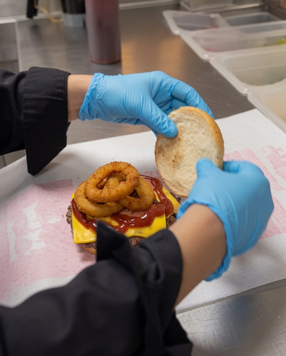 La parte superiore del pane posizionata sul burger, con mani visibili che lo avvolgono in carta marchiata.