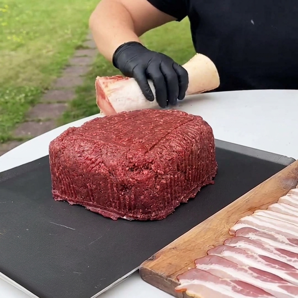 Un grande patty quadrato di manzo macinato crudo su un tappetino nero con un osso di midollo centrato.