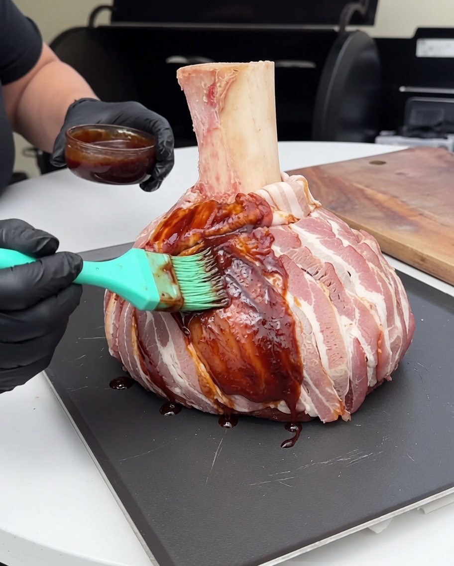 Un blocco di manzo avvolto nel bacon spennellato con una densa salsa barbecue marrone scuro usando un pennello in silicone.