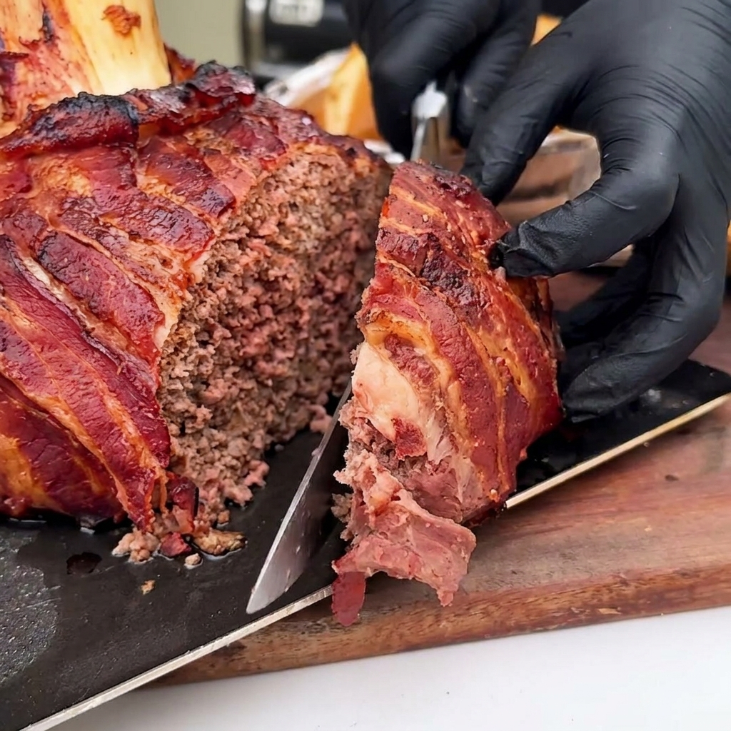 Una spessa e succosa fetta di patty di manzo avvolto nel bacon e salsa barbecue posizionata sopra il panino con formaggio.