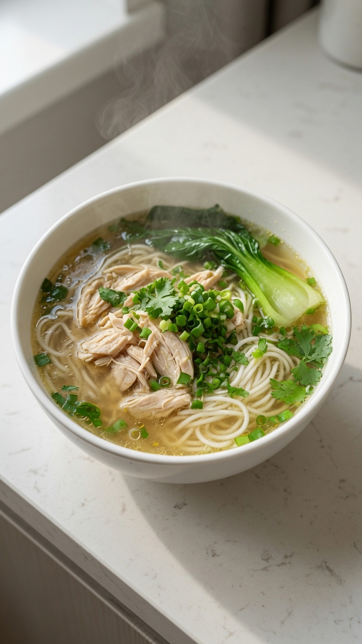 Una ciotola fumante di zuppa di pollo e noodles con noodles sottili, pollo sfilacciato e verdure fresche.