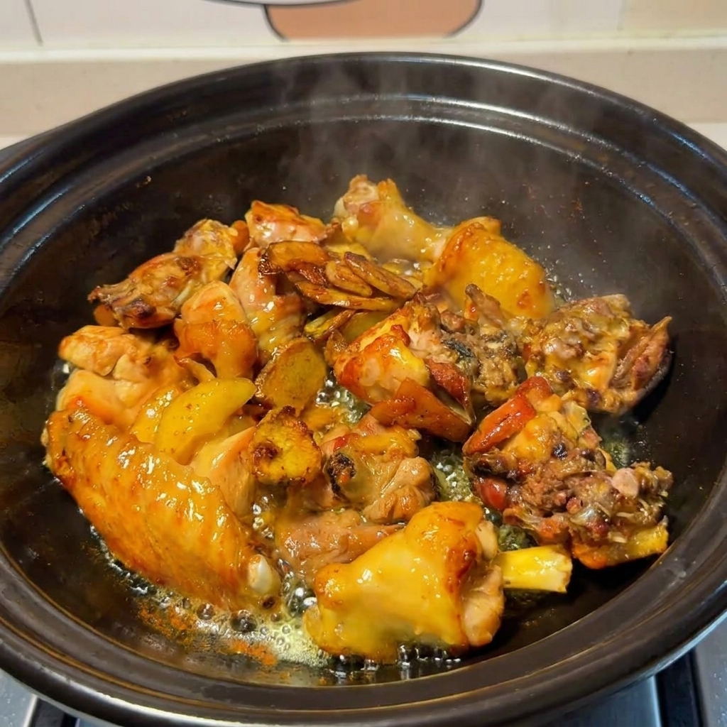 Pollo nella pentola di terracotta combinato con zenzero fritto, funghi reidratati e il loro liquido di ammollo.