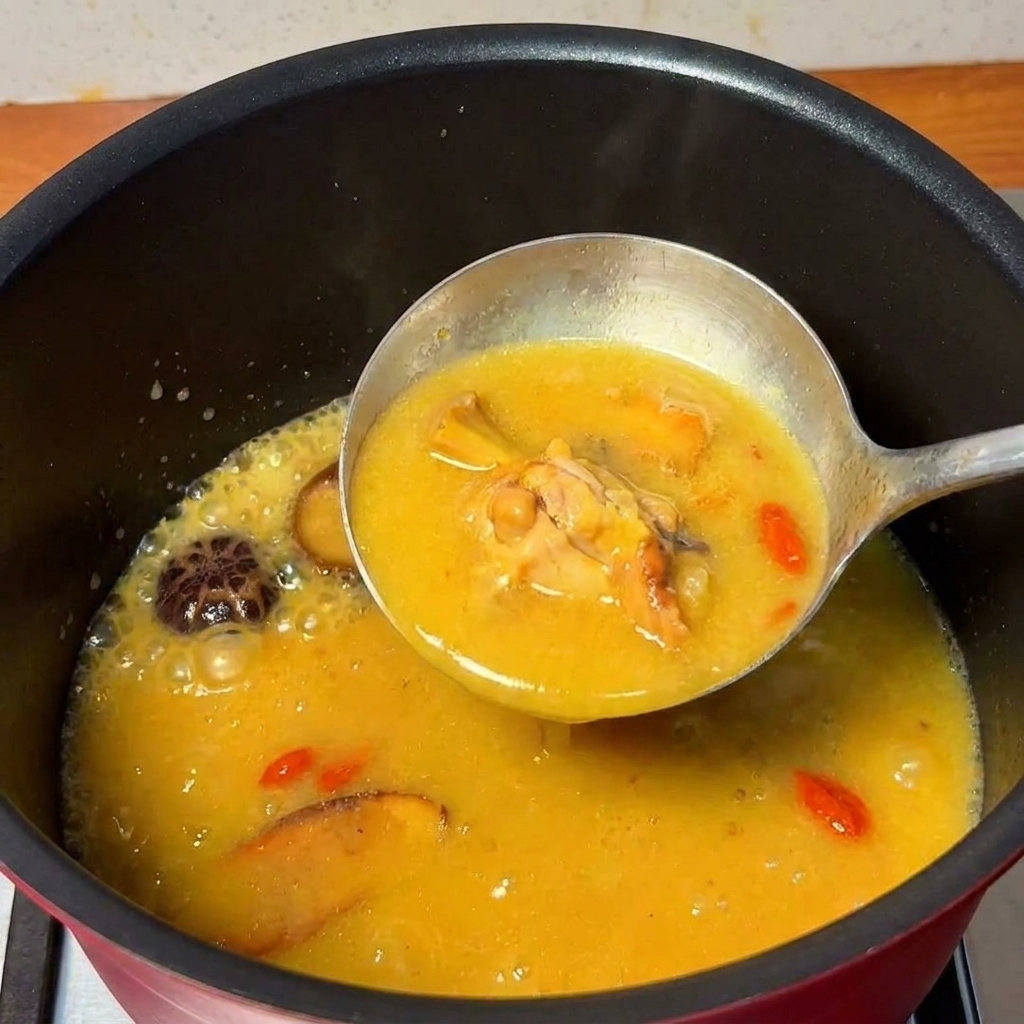 Un mestolo che trasferisce la zuppa dorata di pollo con funghi e datteri rossi in una pentola più grande.