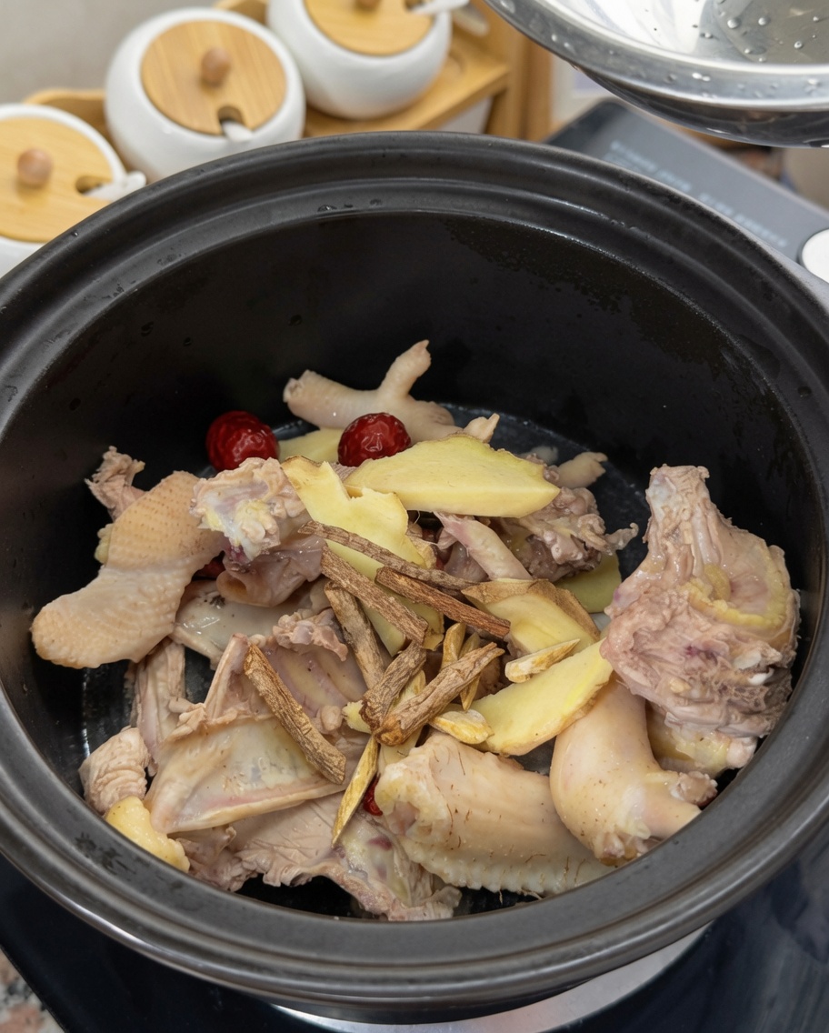 Versare acqua sopra ossa di pollo, fette di zenzero, giuggiole ed erbe essiccate in un coccio.