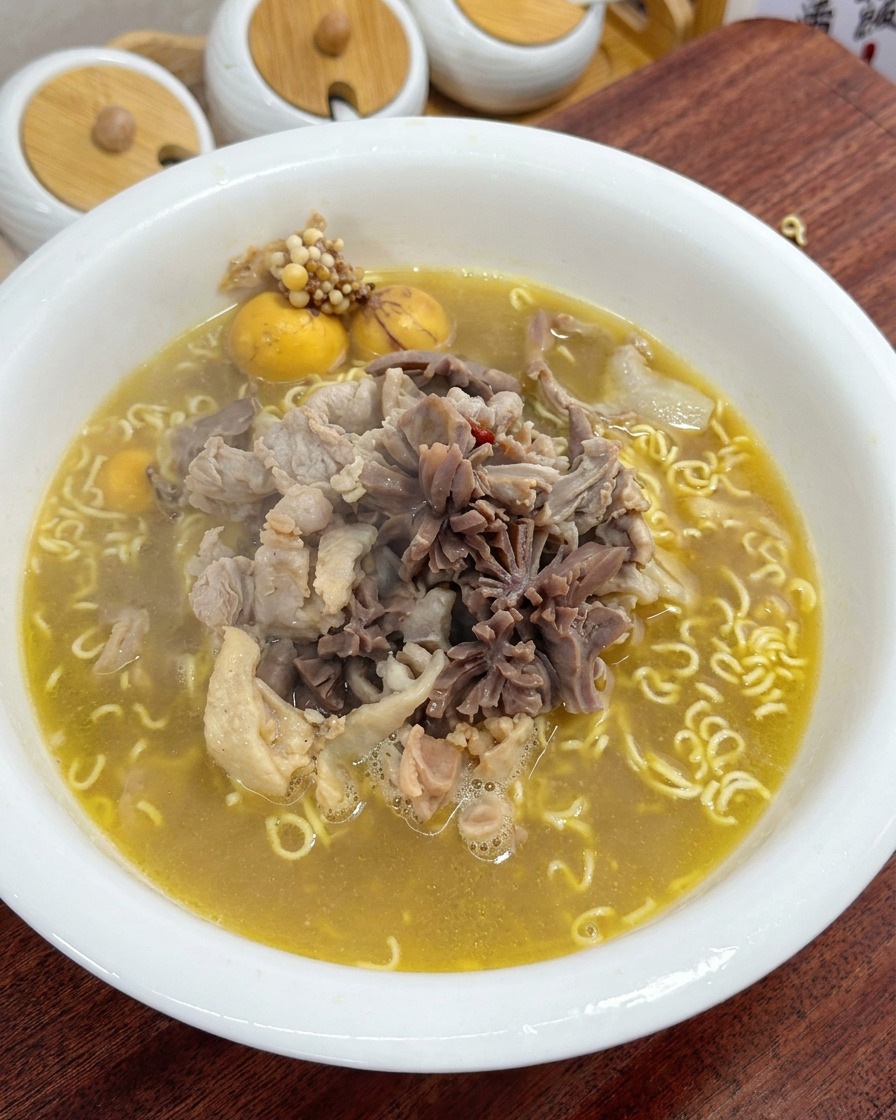 Una ciotola finita di zuppa di noodle al pollo guarnita con cipollotti freschi e piccole guarnizioni rosse.