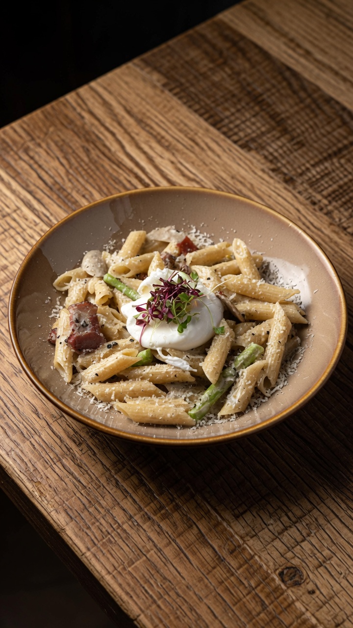 Penne Cremose al Tartufo, Pancetta e Funghi