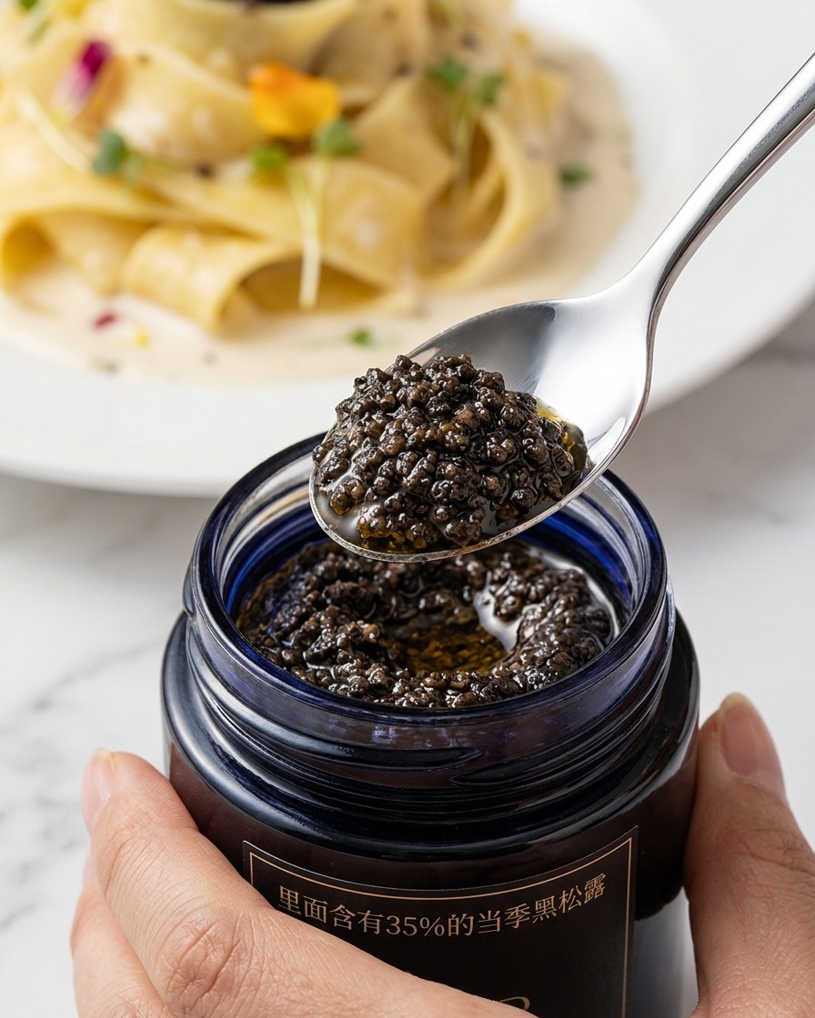 Un cucchiaio di crema di tartufo nero aggiunto alla pasta nella padella.