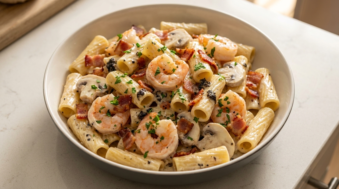 Rigatoni Cremosi al Tartufo Nero e Bacon