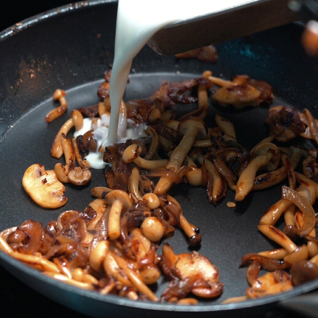 Latte e panna versati sopra i funghi dorati in padella.