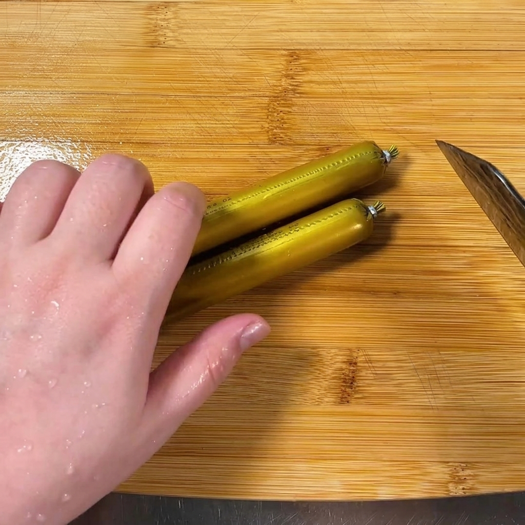 Una mano che tiene un coltello affettando due salsicce a rondelle sottili su un tagliere di legno.