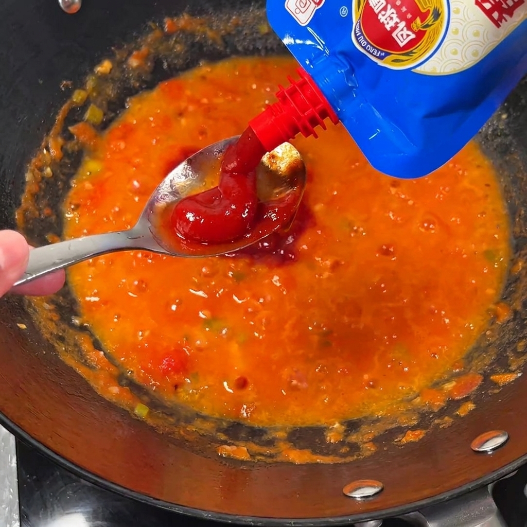 Concentrato di pomodoro spremuto su un cucchiaio sopra una miscela di pomodoro che bolle in un wok.