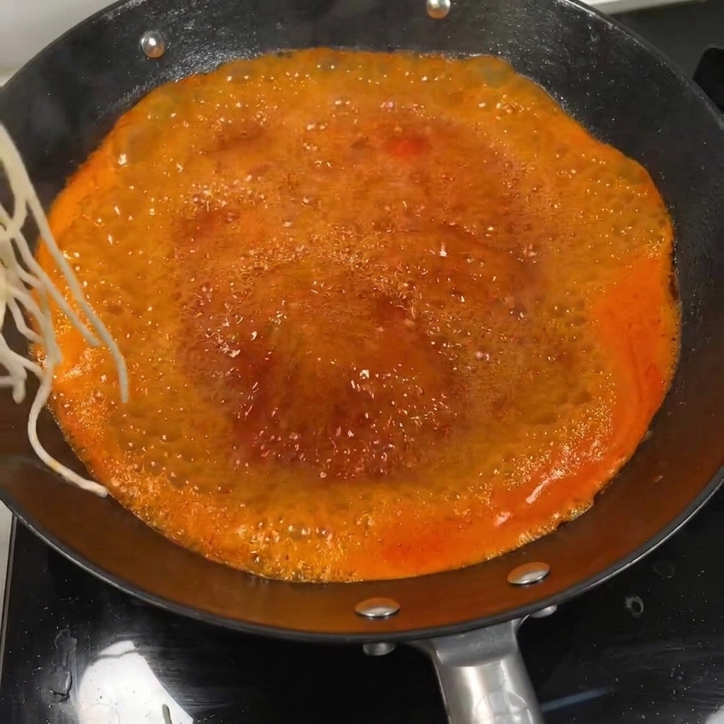Noodles immersi in un vivace brodo di zuppa di pomodoro bollente in un wok.