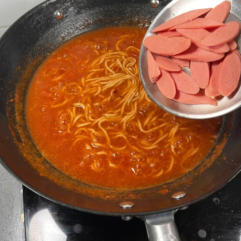Fette di salsiccia e pak choi fresco aggiunti a una pentola ribollente di zuppa di noodles al pomodoro.