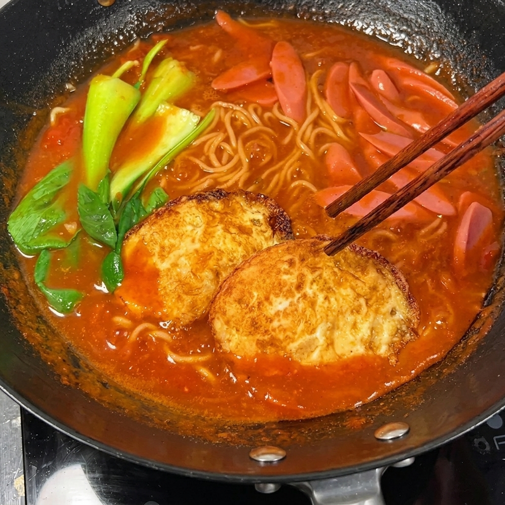 Due uova fritte croccanti che riposano in cima a una deliziosa e colorata ciotola di zuppa di noodles al pomodoro.
