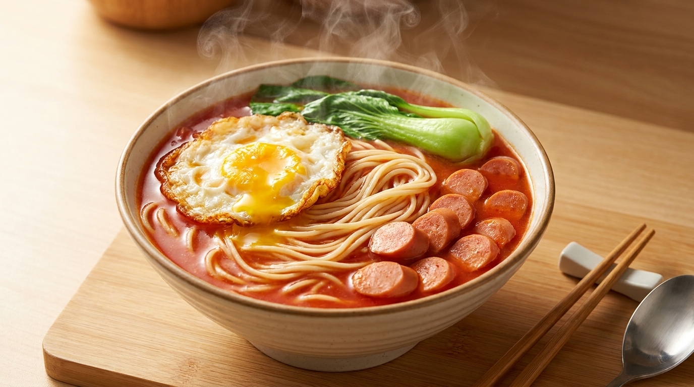 Zuppa di Noodles al Pomodoro con Uovo Fritto