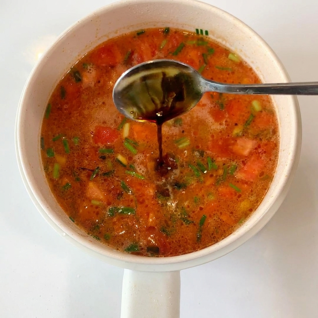 Un cucchiaio di salsa scura aggiunto alla zuppa di pomodoro che sobbolle.