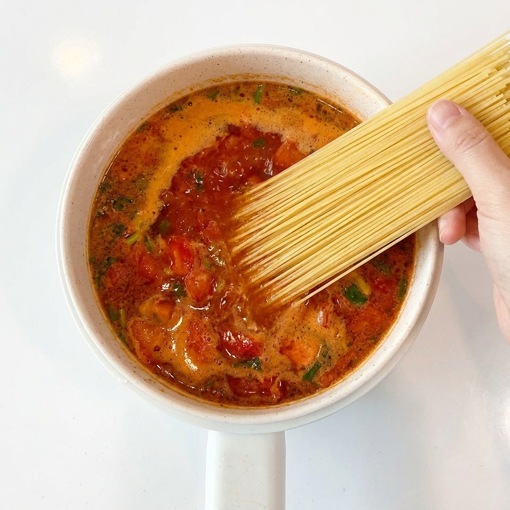 Noodles lunghi immersi nella zuppa di pomodoro bollente nel pentolino.